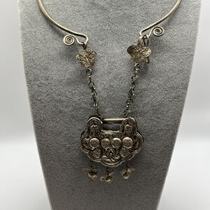 Vintage Fengshui Flower Butterfly Silvertone Longevity Lock Necklace Etched Ring